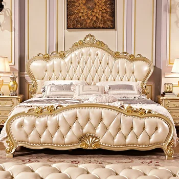 вилла champagne gold мебель из массива дерева Французская роскошная двуспальная кровать кожаная кровать