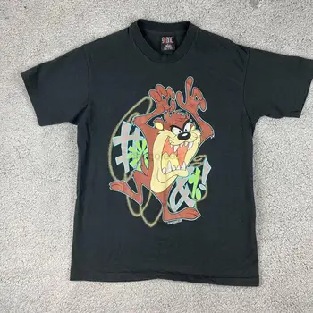 Винтаж 90-х 1993 Taz Tasmanian Devil Looney Tunes Черная рубашка с большой гигантской биркой