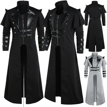Винтажный костюм пирата эльфов-убийц в средневековом стиле стимпанк на Хэллоуин для мужчин и взрослых, черная длинная куртка с разрезом, кожаные пальто в готическом стиле, доспехи