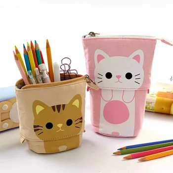 Выдвижной пенал с рисунком милого кота, сумка для школьных принадлежностей, кавайные чехлы для ручек, холщовый держатель для ручек большой емкости, Подарки для детей