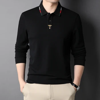 Высококачественная рубашка поло из 100% хлопка с модной вышивкой и длинным рукавом, мужская осенняя деловая повседневная футболка с отворотом, роскошная мужская одежда
