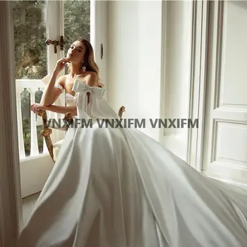 Высококачественные шелковые атласные свадебные платья трапециевидной формы с жемчугом и бантом, длинные платья для невесты со шлейфом Vestidos de noiva 2022