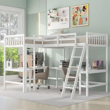 Деревянная Г-образная кровать-чердак Twin Size Twin с лестницей и 2 Встроенными Г-образными письменными столами, Семейная детская двуспальная кровать, подростковая кровать