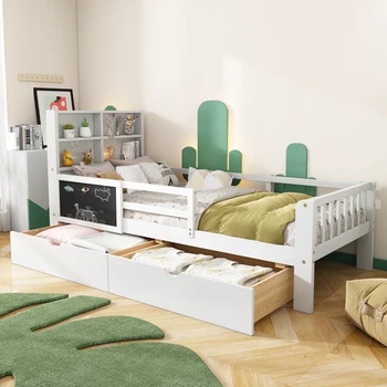 Детская кровать, многофункциональная детская кровать, с выдвижными ящиками и доской, без матраса, белая, 90*200