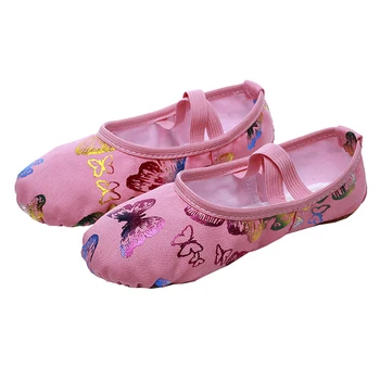Детская обувь для занятий балериной, женская танцевальная обувь, балетные туфли для девочек, парусиновые балетные тапочки с бабочкой на мягкой подошве