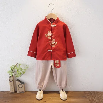 Детская одежда Hanfu Льняной костюм Для мальчиков Весенне-Осенняя Одежда Традиционный Китайский Костюм Baby Tang Suit