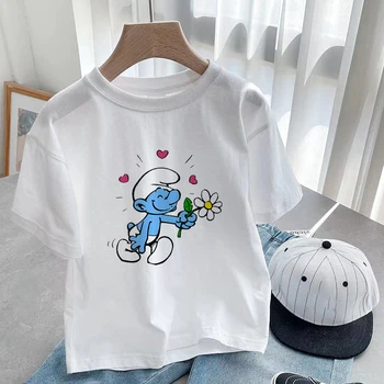 Детская футболка Smurfsed, футболки Kawaii Spirit, Летняя одежда с мультфильмами для девочек, повседневные модные топы с короткими рукавами для мальчиков