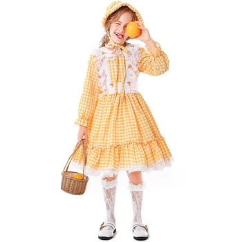 Детское желтое клетчатое кружевное платье в колониальном стиле для девочек, костюм для косплея на Хэллоуин, костюм горничной на ферме