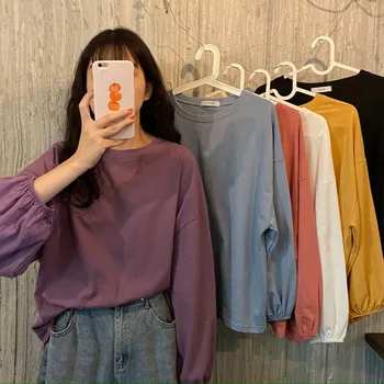Женская 2023 Новая осенняя Корейская версия ins, свободный тонкий пуловер, студенческий тонкий свитер, футболка с длинным рукавом-фонариком