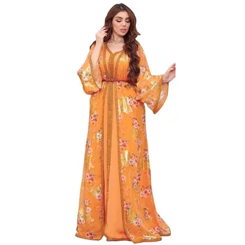 Женская одежда в ближневосточном стиле, два комплекта, Арабский Дубайский мусульманский шифоновый халат с вышивкой, Легкое струящееся газовое длинное платье