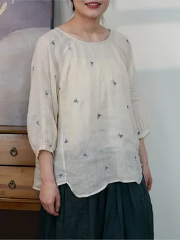 Женская свободная блузка с двойной подкладкой, вышитая Рами, женская винтажная рубашка неправильной длины, женские топы 2023 года.