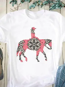Женская футболка с цветочным рисунком, Новая летняя повседневная футболка с круглым вырезом и коротким рукавом, топ с 3D рисунком лошади, женская одежда