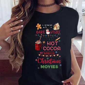 Женская черная футболка, Рождественский топ с мультяшным принтом, футболка, новогодняя футболка, модная футболка в стиле харадзюку, женские рождественские подарки