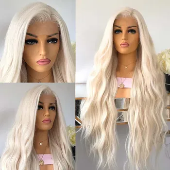 Женские парики на кружеве AIMEYA Platinum Blonde с длинной натуральной волной из синтетических волос без клея из термостойкого волокна Без волос