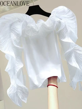 Женские футболки OCEANLOVE с оборками, Однотонные, тонкие, Осенние, с длинным рукавом, Винтажные Y2k Camisetas, Корейская модная футболка в стиле пэчворк, милая