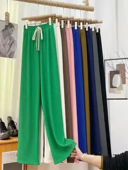 Женские широкие свободные брюки в полоску, эластичные прямые брюки с завязками, высокая талия, однотонные длинные брюки