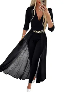 Женский праздничный комбинезон, черный, с рукавом длиной 3/4, однотонное платье, свадебная сетка, Зима, осень, весна, модные длинные макси-брюки с глубоким V-образным вырезом.