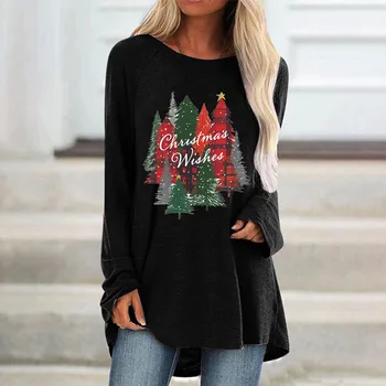 Женский рождественский повседневный реглан с круглым вырезом и принтом рождественской елки, футболки с длинными рукавами, блузка, топ