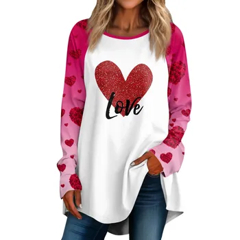 Женский Свободный Повседневный Круглый Пуловер vestidos para mujer с длинными рукавами и принтом на День Святого Валентина, Топ-футболка