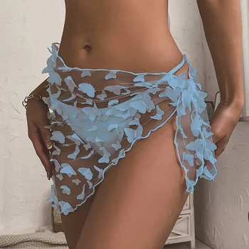 Женское бикини с аппликацией в виде голубых бабочек, Прозрачная пляжная повязка, мини-юбка с оборками, отделка из прозрачной сетки, Короткий купальник