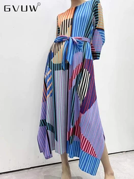 Женское плиссированное платье с принтом GVUW 2024, осень-лето, платья с круглым вырезом и свободным поясом, Женская элегантная этническая одежда 25D1150