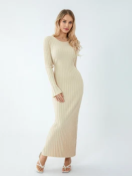 Женское трикотажное платье-свитер в рубчик с рюшами и круглым вырезом - элегантное платье Миди с длинным рукавом для стильного образа