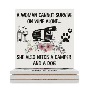 Женщина не может прожить на одном вине, ей также нужны кемпер и собака Керамические подставки (Квадратные) для чайных чашек в кавайном стиле