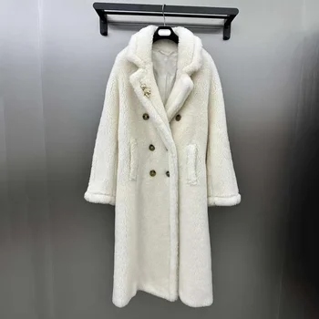 Зимнее пальто Зимний плюшевый мишка из овечьей шерсти X-Long длины, толстая теплая одежда с отложным воротником, двубортный повседневный стиль