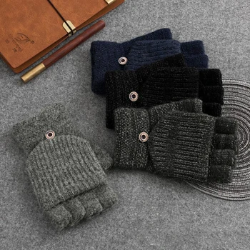 Зимние мужские перчатки 2022 года, Новые Флип-Вязаные теплые Полосатые варежки, открытая перчатка на половину пальца, плюс Толстая Мужская варежка