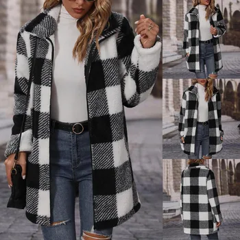 Зимние пальто для женщин с винтажным клетчатым принтом, теплая длинная куртка из пушистого флиса, пальто, кардиган, куртки на молнии, Manteau Femme Hiver