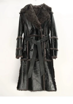 зимняя ЖЕНСКАЯ мода класса люкс из тосканского овечьего меха, овчина, кожаная поверхность, шерстяная подкладка, байкерская куртка, пальто с поясом