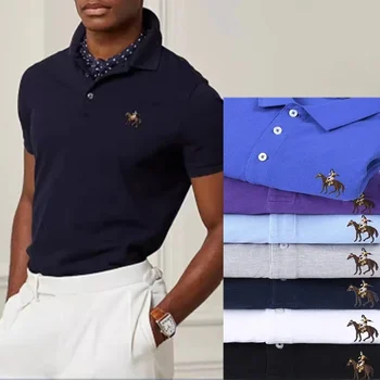 Качественная летняя мужская Роскошная рубашка Поло с коротким рукавом на растяжках для регби Хлопчатобумажный Мужской Топ-поло с вышивкой в виде лошади