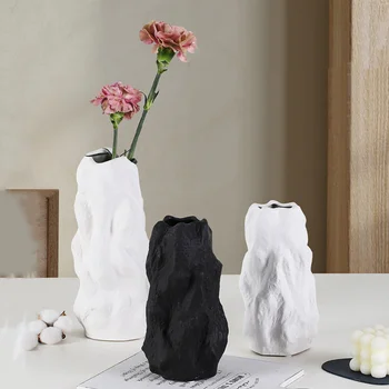 Керамическая ваза неправильной формы, черно-белая цветочная композиция, простая глазурованная фарфоровая ваза, украшение для дома, вазы, горшки