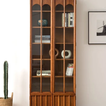 Книжный шкаф Nordic Vintage Cherry Wooden, Винный шкаф с винтажной деревянной стеклянной дверью, Витрина MCM, Книжный шкаф для хранения