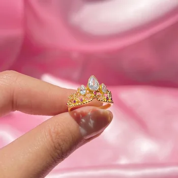 Кольца в виде короны, кольцо принцессы для женщины, модные свадебные украшения, аксессуары, Позолоченные Регулируемые кольца, подарок для нее