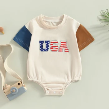 Комбинезон для новорожденных на День независимости контрастного цвета с буквенным принтом, комбинезоны с короткими рукавами, летняя одежда для новорожденных девочек и мальчиков