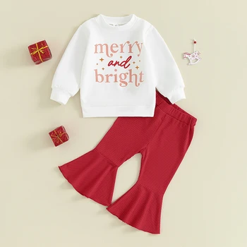Комплект штанов для девочек, толстовка с длинным рукавом и буквенным принтом, расклешенные брюки, Рождественский наряд