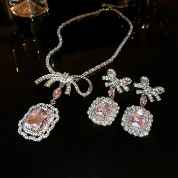 Комплект ювелирных изделий с розовым кристаллом и цирконием, женское модное ожерелье с квадратным бантом, висячие серьги, легкие роскошные свадебные украшения для вечеринок
