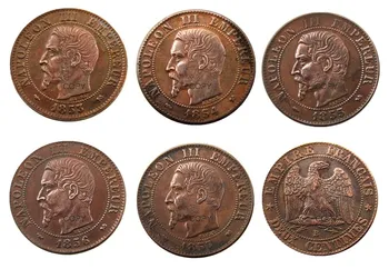 Копии медных монет Франции 2 цента 1853-1857 годов выпуска марки B