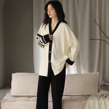 Корейский женский пижамный комплект, модное кимоно, повседневная ночная одежда с V-образным вырезом, Мягкая удобная хлопковая одежда для отдыха