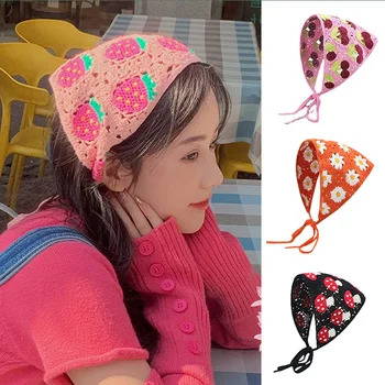 Корейский стиль, гриб, клубника, ручная Вязка крючком, Полая Треугольная повязка на голову, полотенце, милый ремешок, сумка для волос, платок, шляпа