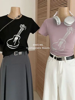 Корейский топ в стиле харадзюку с мультяшным гитарным принтом, повседневная женская футболка с круглым воротником и рукавами, уличная одежда нового дизайна, одежда Tide