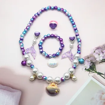 Красочный мультяшный ювелирный набор, ожерелье с Русалочкой, браслет, кольцо, ракушка, Маленькая девочка, принцесса, Имитация жемчуга, Детские украшения для девочек