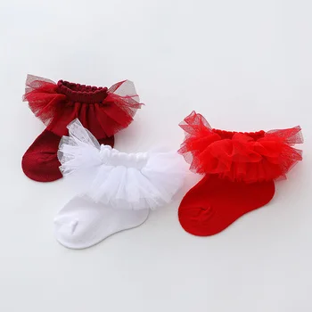 Кружевные носки для маленьких девочек с оборками, хлопковые дышащие носки до щиколотки для маленьких девочек, Носки для девочек-принцесс, Свадебные носки для девочек 0-12 м