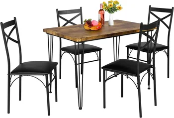 Кухонный стол из 5 предметов, современный Металлический и деревянный Прямоугольный Обеденный стол для завтрака со стульями, Обеденный набор на 4 персоны