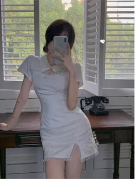 Летнее Элегантное мини-платье Для женщин, Сексуальное Вечернее платье Чонсам, Женское Повседневное Цельнокроеное платье с коротким рукавом, Корейский Шик 2023 года
