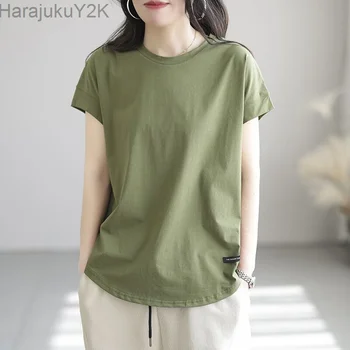 Летняя Женская Хлопчатобумажная футболка с коротким рукавом 2023, Корейская мода Y2k, Винтажный Японский Стиль, Свободный Голубой Женский Топ
