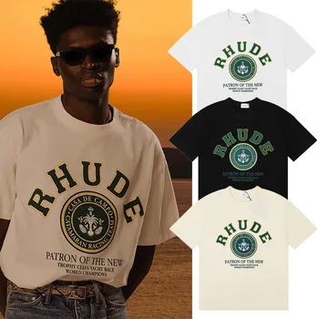 Летняя модная новая мужская футболка RH с короткими рукавами и креативным зеленым буквенным принтом, свободные повседневные трендовые спортивные топы из хлопка с круглым вырезом