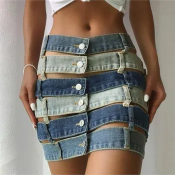 Летняя юбка Женская 2023 Новый полый дизайн Модная сумка Хип Джинсовая юбка Бесплатная доставка