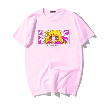 Милая японская уличная одежда с мультяшным рисунком Harajuku, розовые повседневные топы с принтом Kawaii Sweet Girl, винтажные свободные модные мужские футболки, футболка